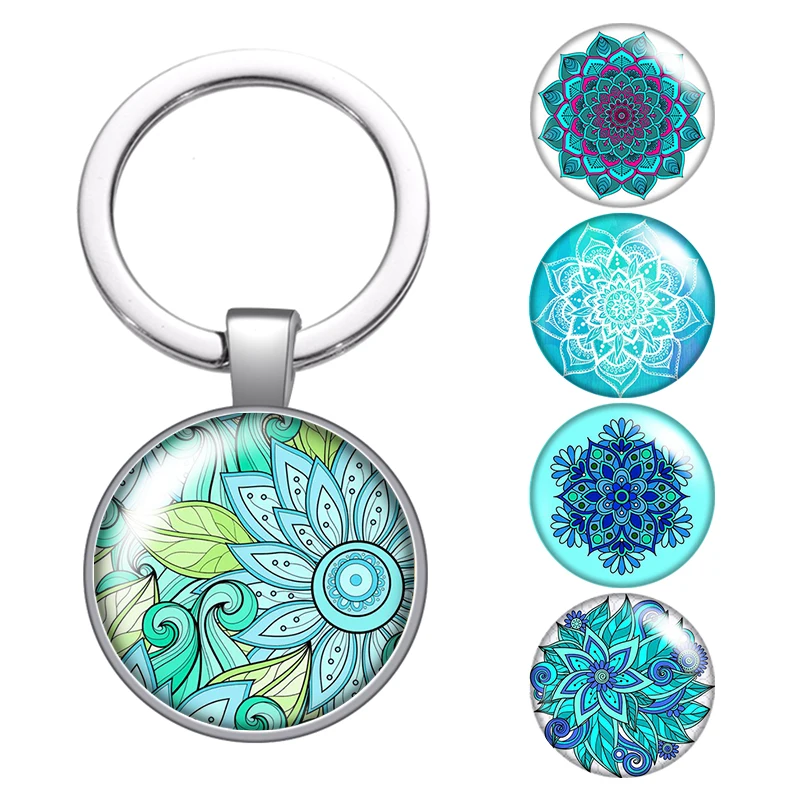 Water blue style flower patterns glass cabochon keychain Bag Car key chain Ring Holder silver color keychains for Women Gifts | Украшения и