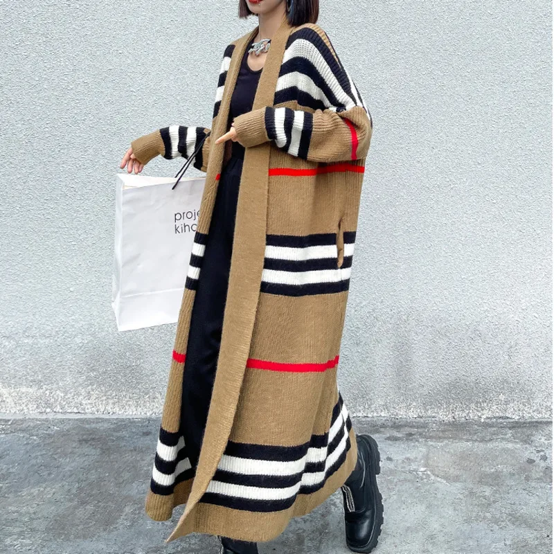 

Женский свитер с открытым стежком XUXI, свободный длинный вязаный свитер в полоску с длинным рукавом, Осень-зима 2021, E3345