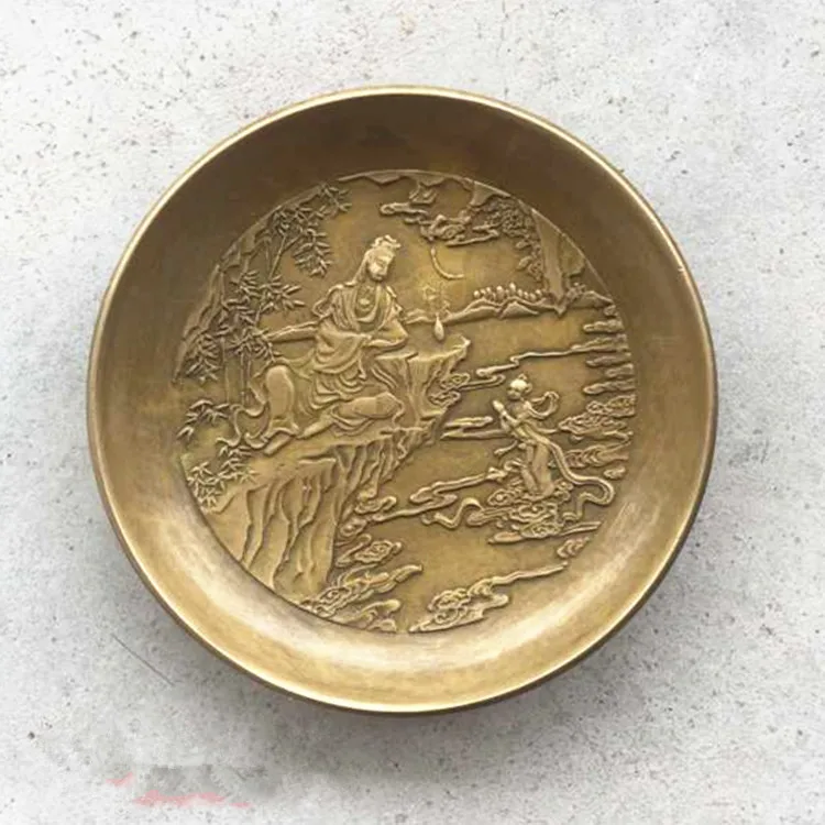 

Antique miscellaneous collection pure copper small plate gilded boy worship Guanyin physical shooting
