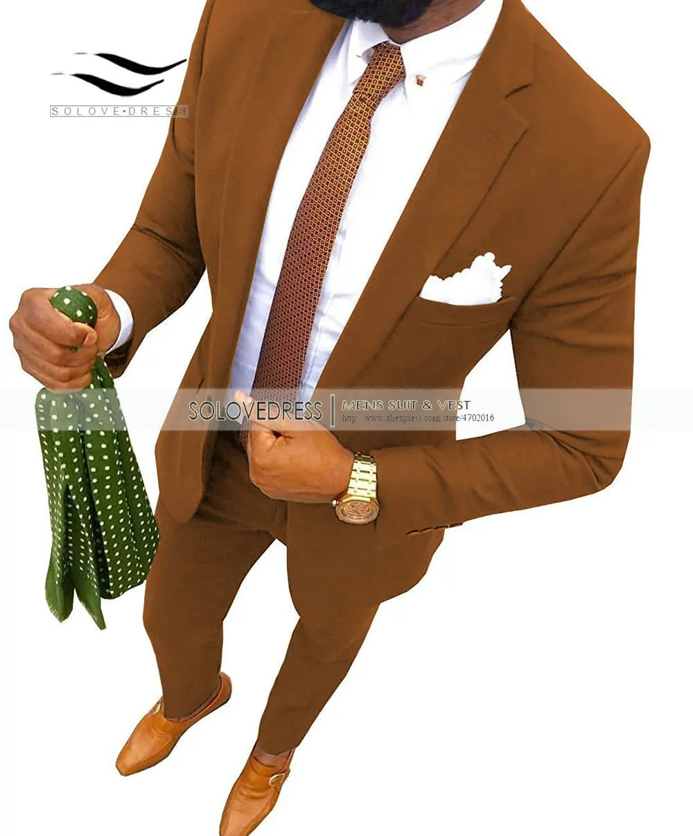 Brown Новинка, кофейный мужской костюм, модный, 2 предмета, с отворотом, плоский, приталенный, смокинг, Женихи, мужской блейзер для свадьбы, выпускного, вечерние - Цвет: Brown