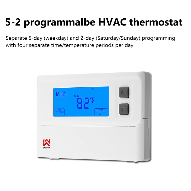 Одноступенчатый 5-2 программируемый HVAC термостат с легко читаемым дисплеем, 1 Тепло 1 прохлада, Saswell T21STK-2