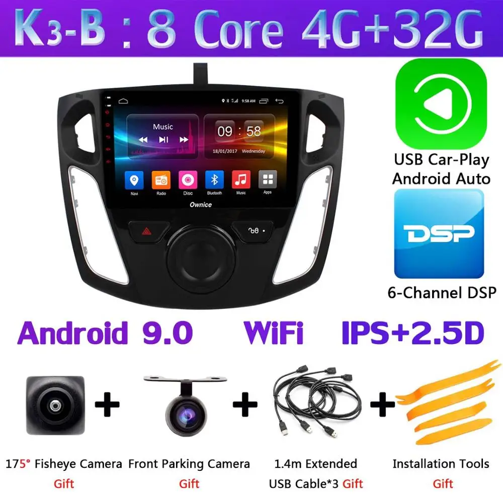 360 ° панорамная камера 4G SIM Android 9,0 4+ 64G gps навигация Радио CarPlay DSP Автомобильный мультимедийный видео плеер для Ford Focus 3 Mk3 - Цвет: K3-B-CarPlay