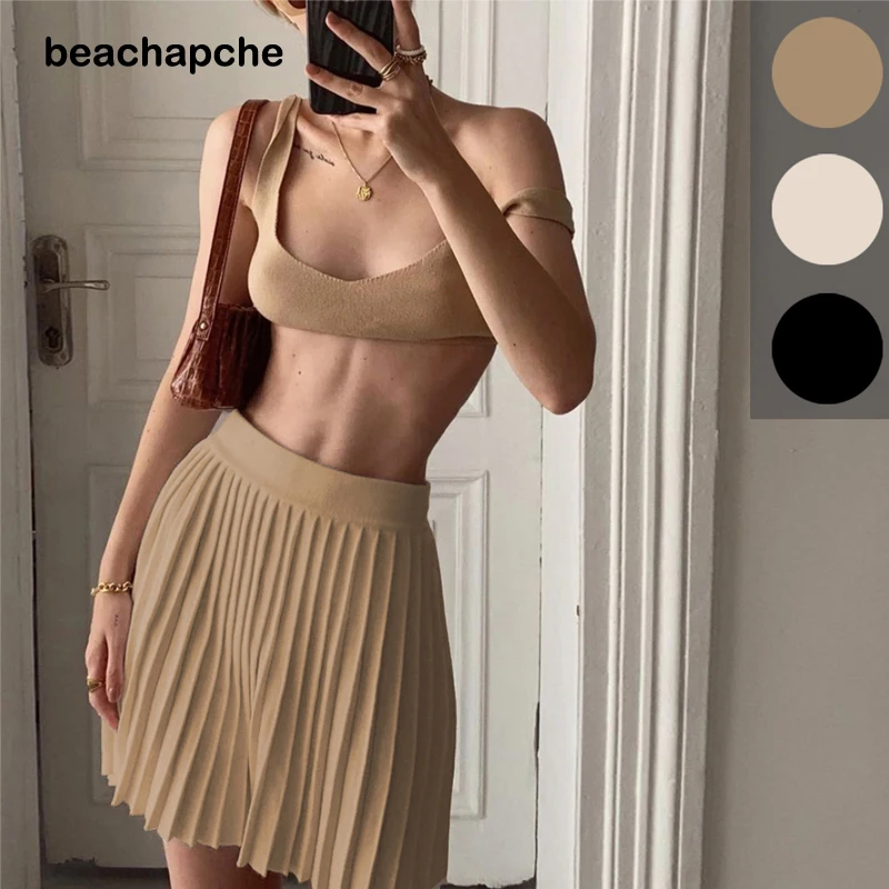 

Beachapche Casual Summer Beach Women Sexy Skirt Set Knitted Skinny Tops And High Waisted Mini Pleated Skirt Suit Two Piece Set