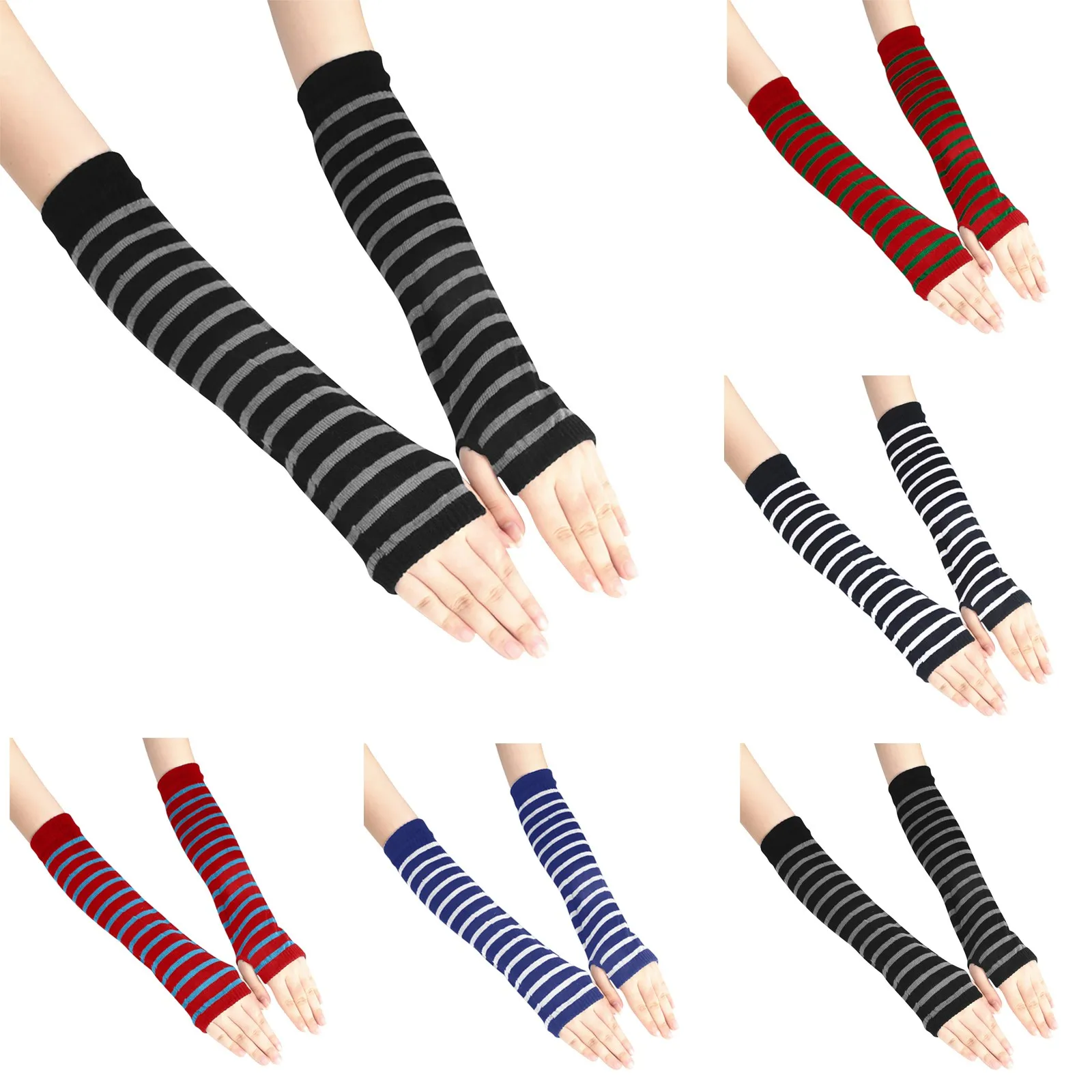 

Women Long Fingerless Gloves Fashion Striped Elbow Gloves Warmer Knitted Mittens Punk Gothic Rock Long Arm Gloves#p3