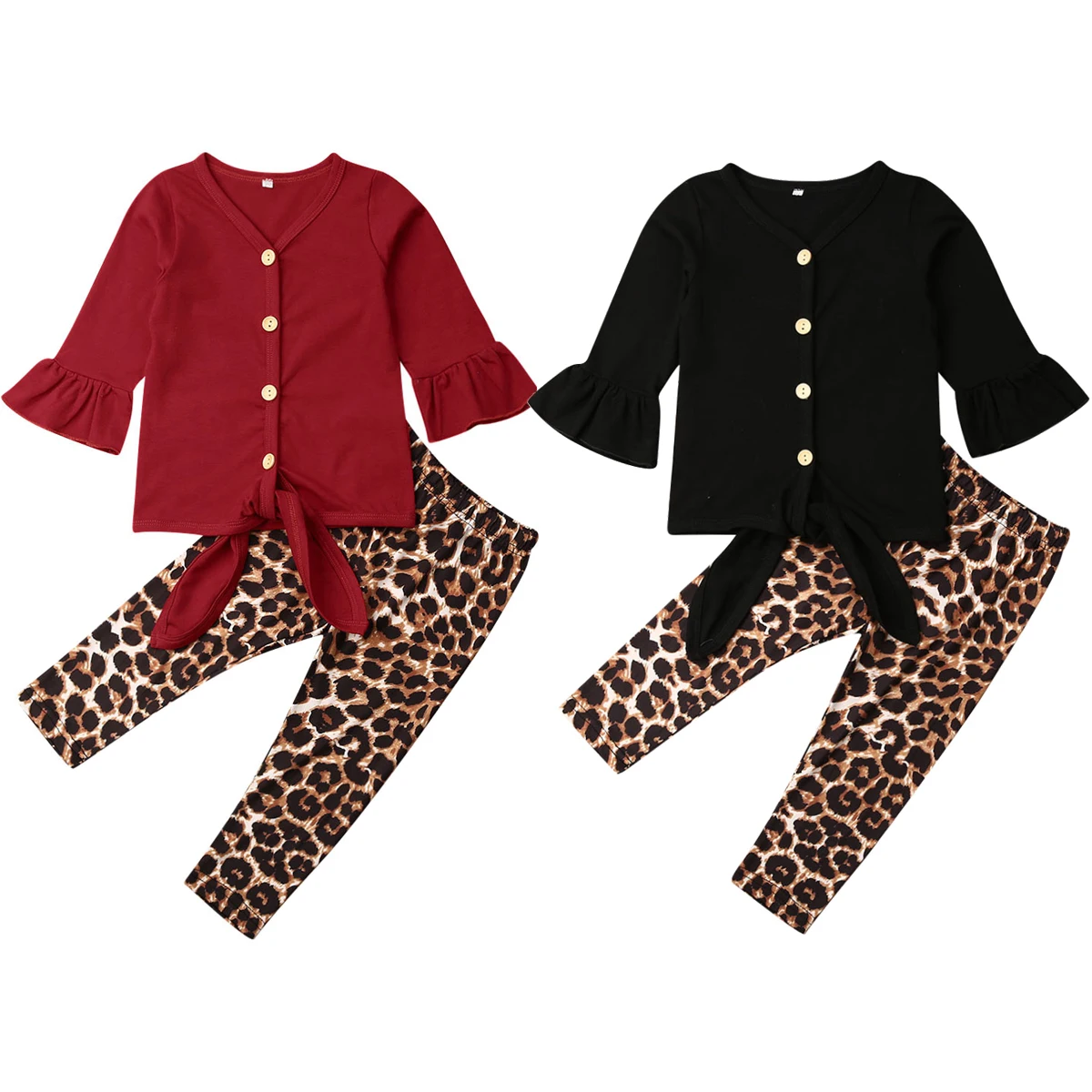 

Autumn Toddler Baby Girl Clothes Solid Color Flare Long Sleeve Button Tops Leopard Print Long Pants 2Pcs Outfits Set