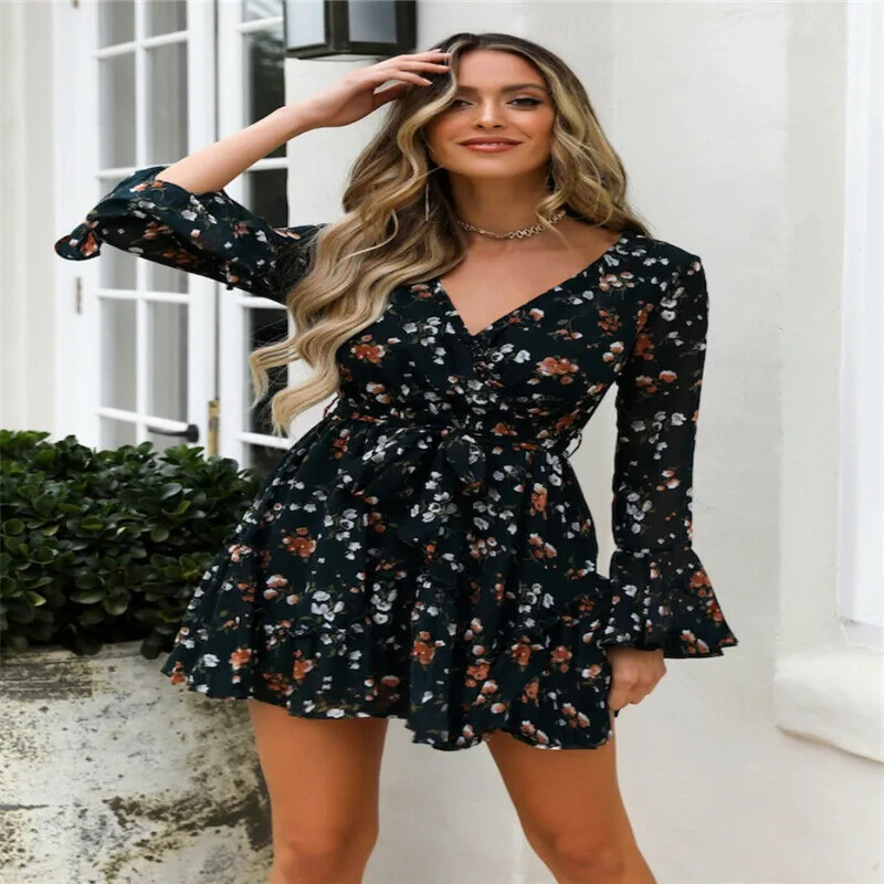 

Summer Dress Women Boho Floral Dot Print Dress Vestido Soft Chiffon A-line Beach Dresses Ladies Deep V-neck Short Mini Dresses