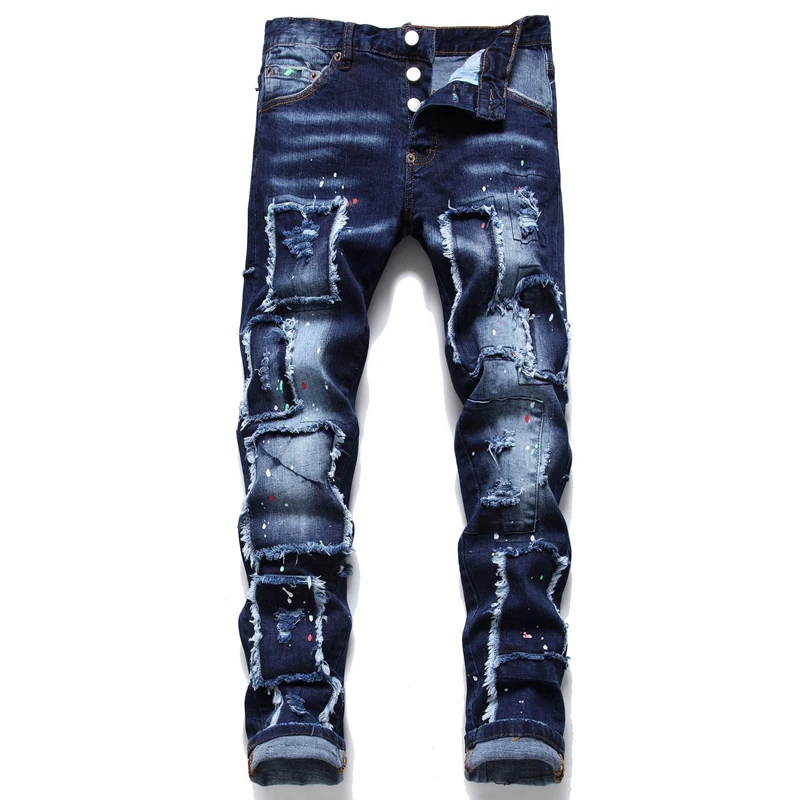 

Spring High Street Fashion Jeans Men's Patch New Slim Casual Elastic Paint Denim Pants Male Slim Fit Splash Designer Trousers