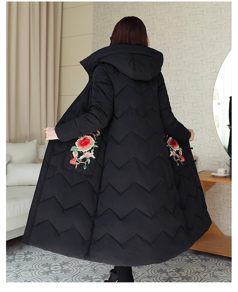 

Elegant Long Sleeve Warm Button Parkas Women Jacket Embroidery Lady Nice New Fashion Winter Hooded Long Jacket Coat Large Size
