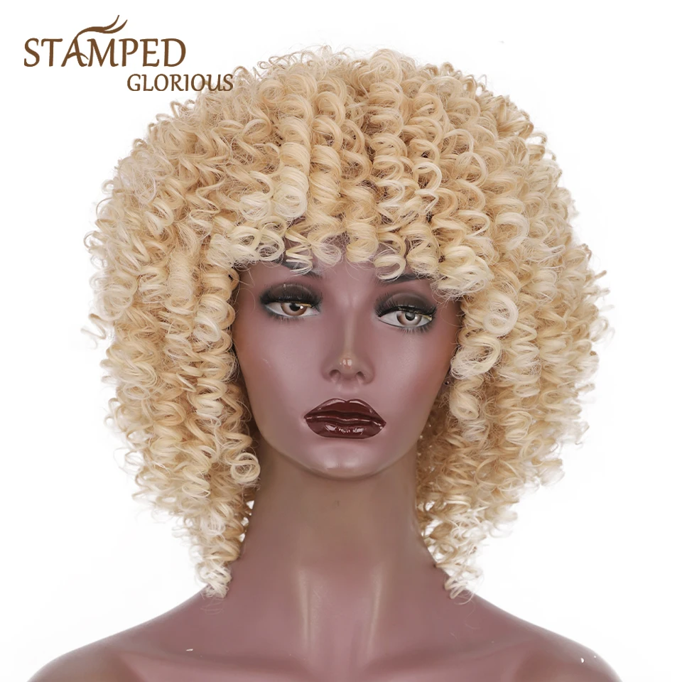 

Stamped Glorious Synthetic Short Hair Afro Kinky Curly Wigs With Bangs For Black Women Blonde Wig Cosplay Wigs High Temperature