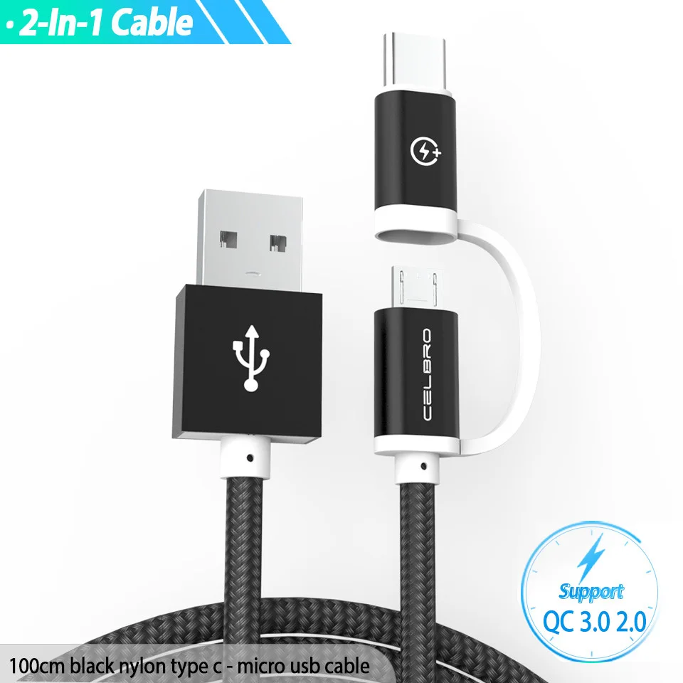 2in1 cable Usb type-C кабель для быстрой зарядки mi cro USB кабель 2 в 1 быстрая зарядка 3,0 зарядное устройство для телефона Usbc mi crousb для samsung Xiaomi mi 9 9T A3 - Тип штекера: 2in1 cable