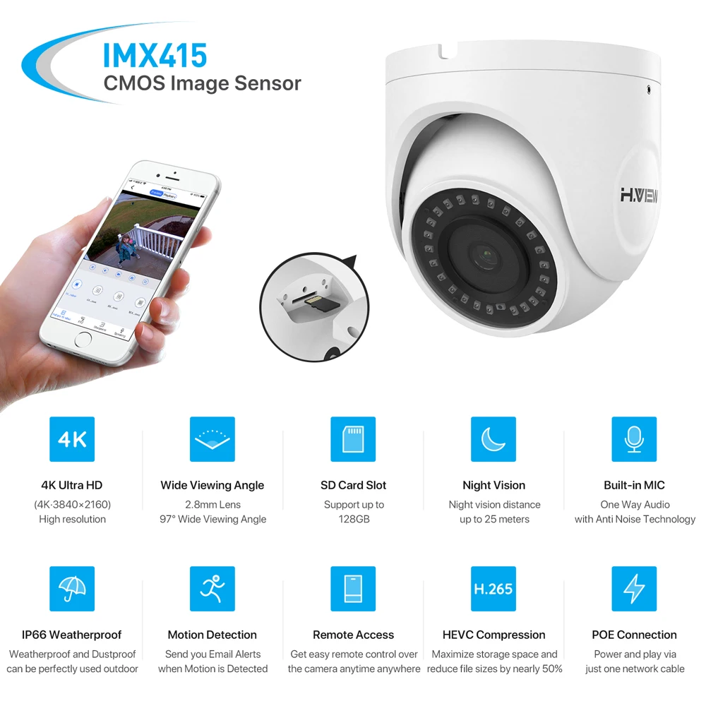 Камера видеонаблюдения H.View 4K Ultra HD купольная камера безопасности 8 Мп poe ip каналов