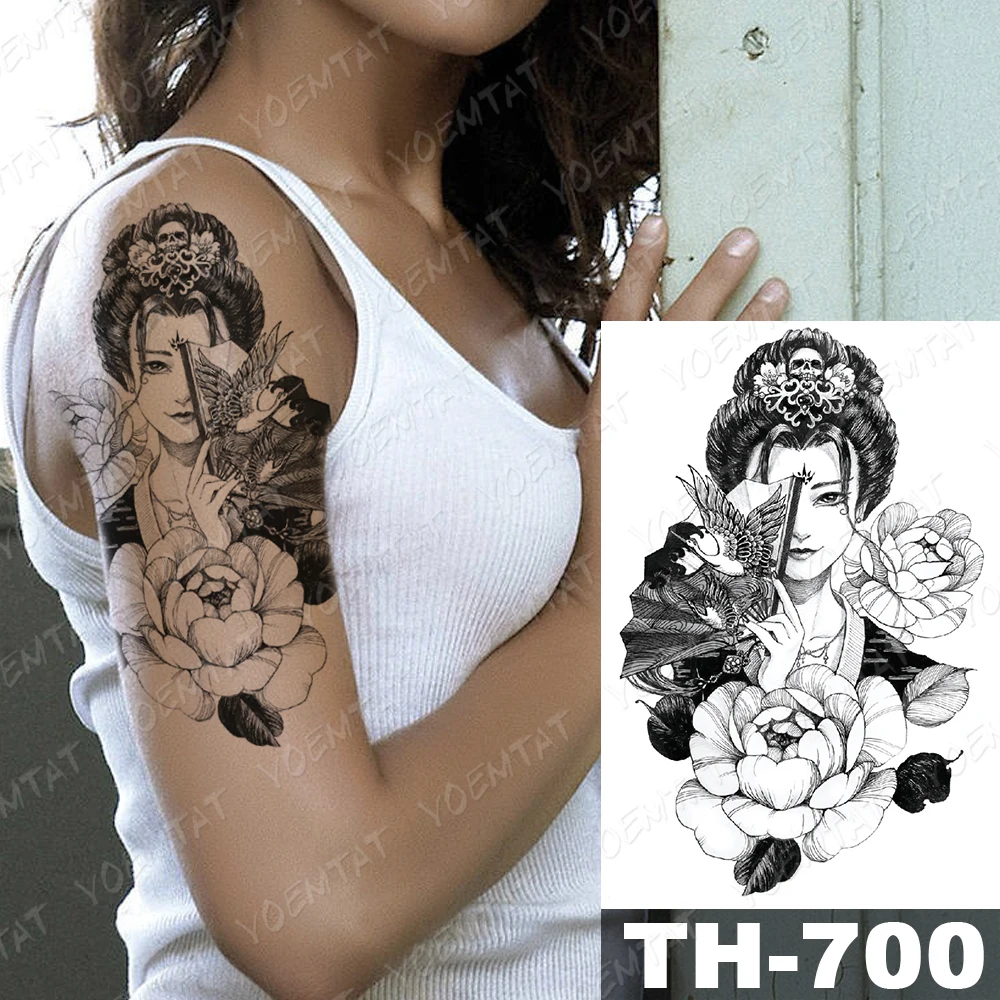 

Waterproof Temporary Tattoo Stickers Japanese Geisha Peony Flower Fan Flash Tattoos Woman Sketch Body Art Fake Sleeve Tatoo Men