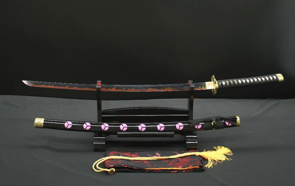 Handmade Shusui One Piece Sword Roronoa Zoro Katana Black T10 Steel Clay-Tempered Red Hamon