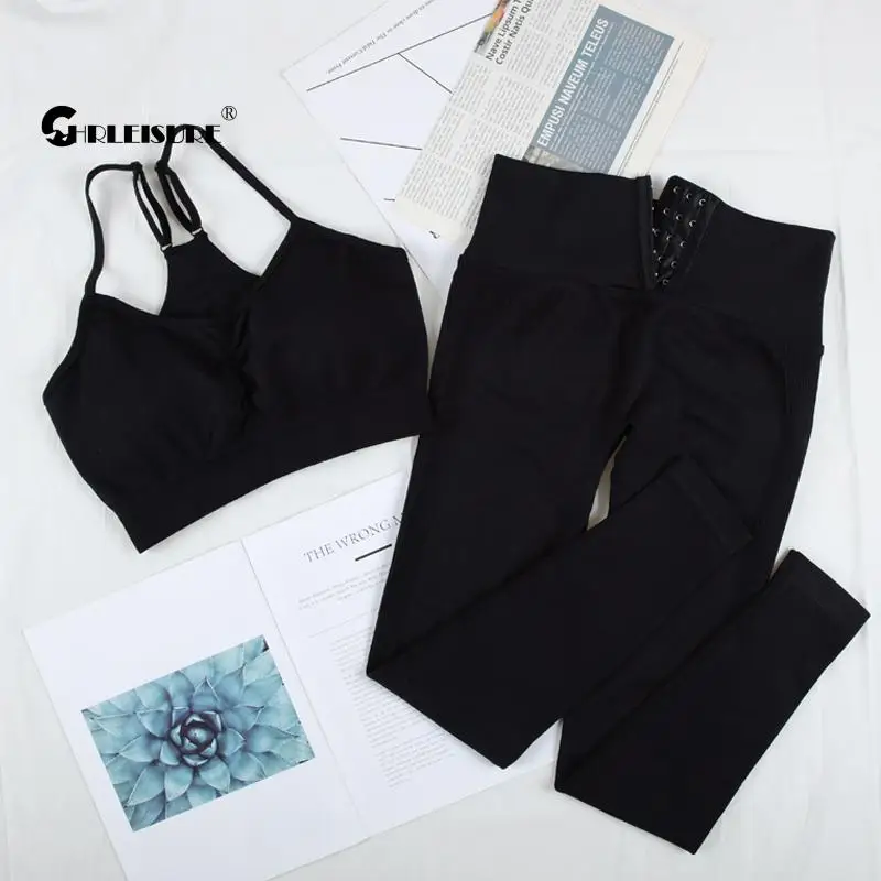 

CHRLEISURE 2/3/5Pcs Yoga Set Women Seamless Sports Suit Fitness Bra High Waist Leggings Sports Wear Gym Women Tracksuit