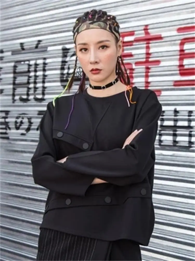 

Large Size Euro-american Spring and Autumn New Women's Clothing BF Style Personality Stitching Irregular Long-sleeved Round-neck