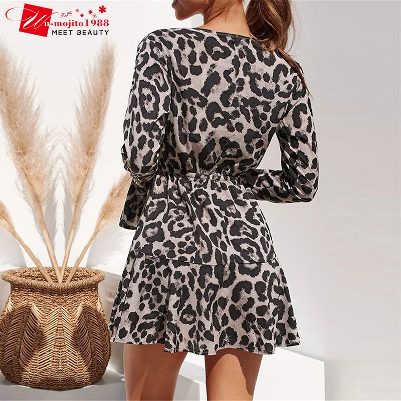 

Women DressSummer Chiffon Leopard Print Boho Beach Dresses Casual Ruffle Long Sleeve A-line Mini Party Dress Vestidos Dresses