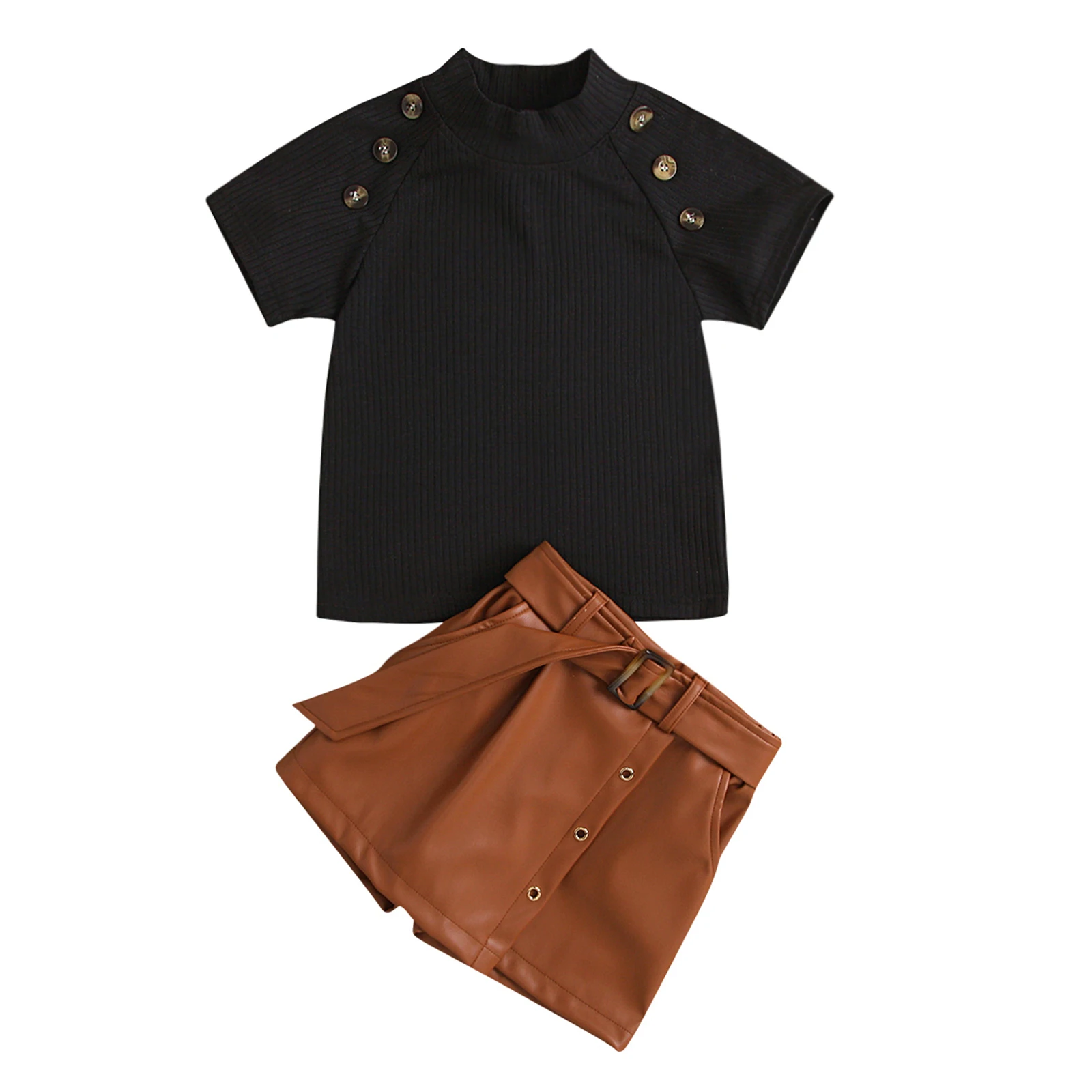 

Summer Kids Girls 1-6Y Fashion Clothes Sets Solid Button Short Sleeve Knit T Shirts PU Leather Shorts 2pcs