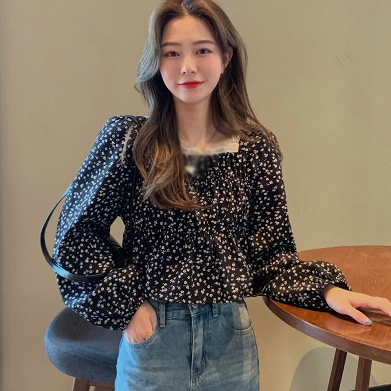 

Sweet Lace Square Callar Chiffon Blouse Female Floral Print Long Sleeve Blouses Top Women's Shirt