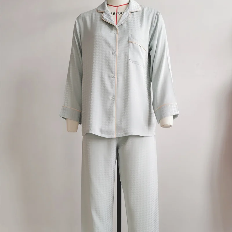 QWEEK Houndstooth Silk Pajamas Women Autumn Sleepwear Plaid Yellow Pijamas Female Set 2 Piece Pyjamas Brief Bedroom Loungewear