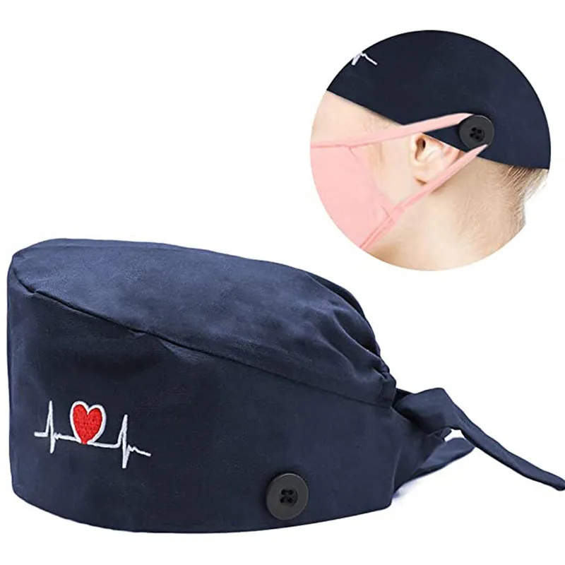 

Unisex Scrubs Caps with Button Anti-lear Women Men Heart Pattern Solid Adjustable Bandage Working Hats Reuseable Washable Caps