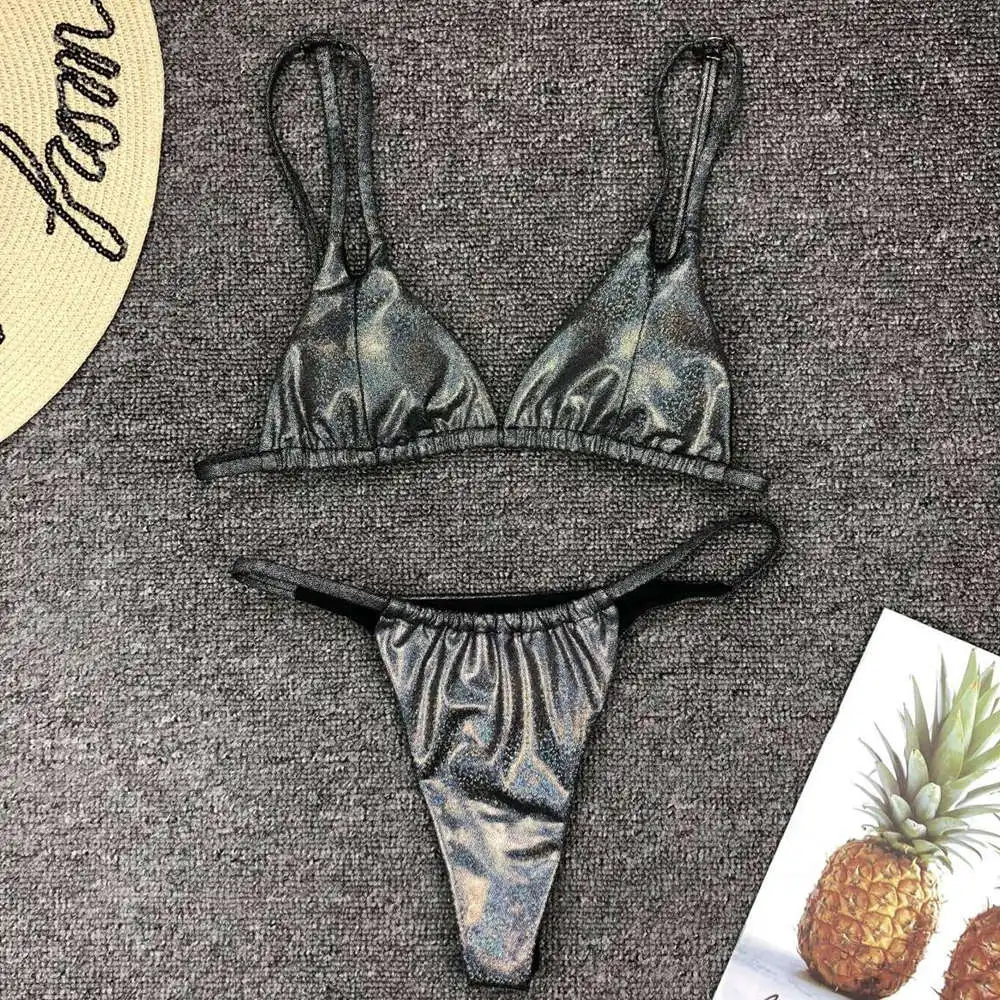 

Beach Wear Shiny Black Bikini Set Biquini Sexy Micro Thong Swimsuit Bandage Swimwear Women Padded Push Up 2019 Maillot De Bain