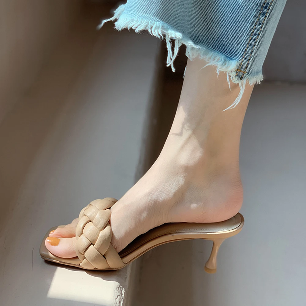

WETKISS Women Stiletto High Heel Woven Slippers Summer Slides Outdoor Ankle Strap Open Toe Female Slides Mules Party Shoes