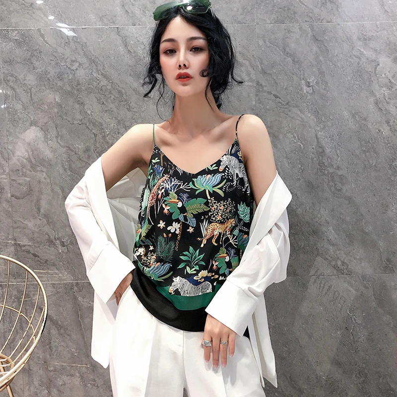 Vogue Elegant Prints Camisole Vest Women Sexy V-Neck Satin Silk Floral Animals Printed Office Lady Fashion Sling Tank Tops 2020 | Женская