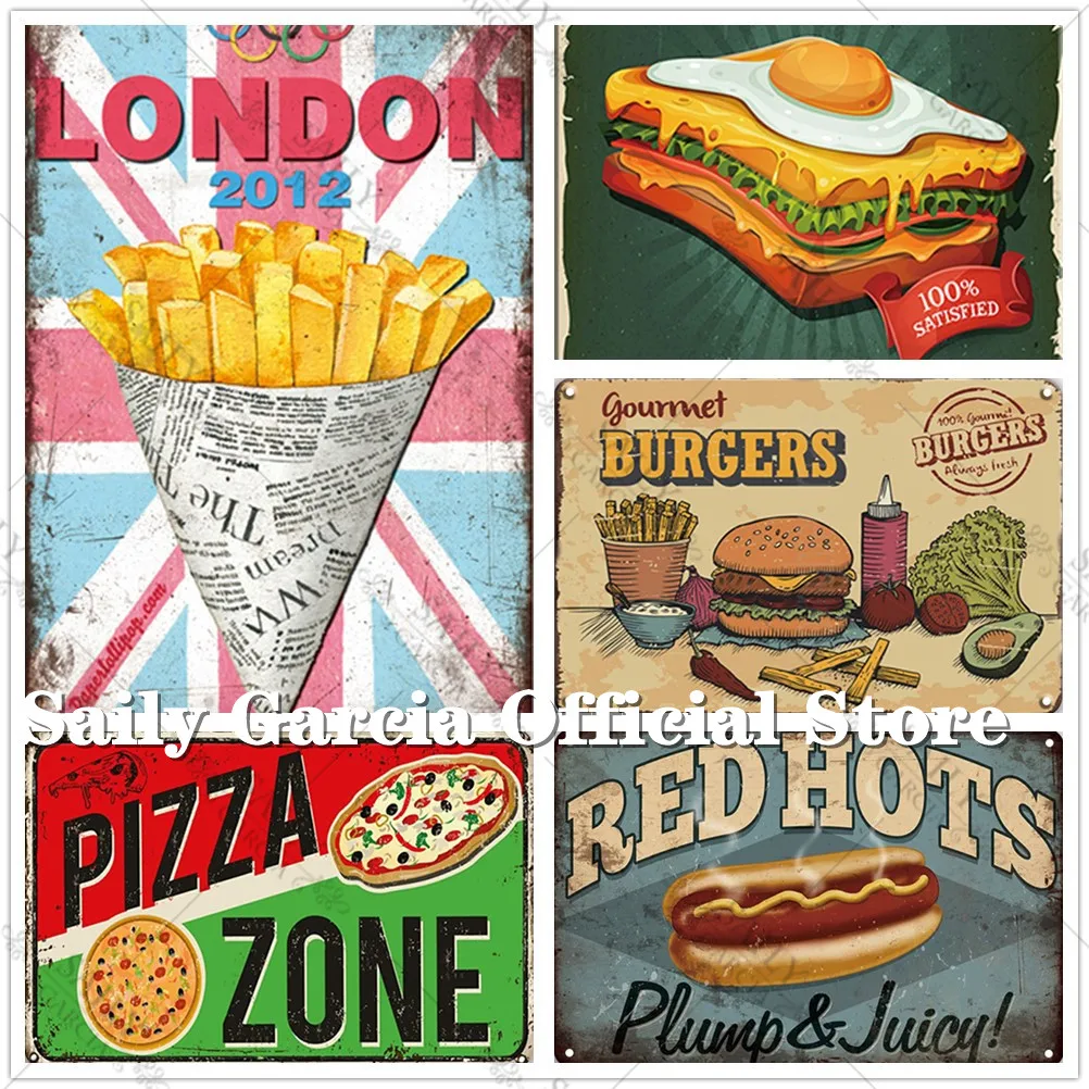 

Fast Foods Metal Tin Burger Hot Dogs Pizza Kitchen Menu Metal Wall Art Plate Plaque Home Decor Retro Metal Tin Sign for Pub Bar