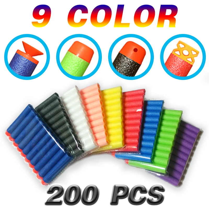 

200pcs 9 Colors Soft Bullet Flat Soft Head Foam Bullets for Nerf N-strike Elite Series 7.2c*1.3cm HongC