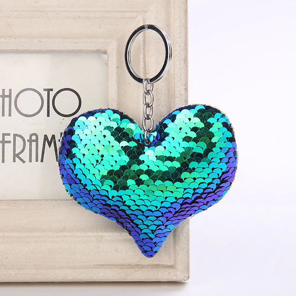 Blue Heart Блестящее блестящее кольцо для ключей с русалочкой и единорогом, подвесная Елочная игрушка с сердечком, мягкий брелок для ключей, сумка для автомобиля, подвесной брелок - Цвет: Blue Heart