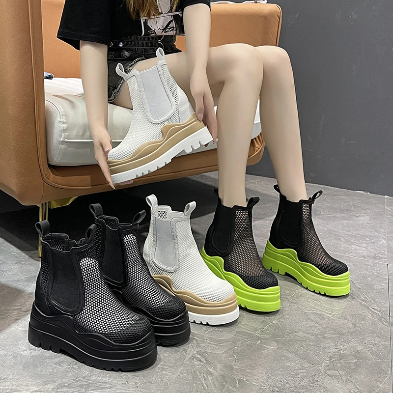 

Pop Breathable Mesh High Platform Boots Women Nice Summer Fashion Woman Ankle Boots Slip on Height Increasing Casual Shoes