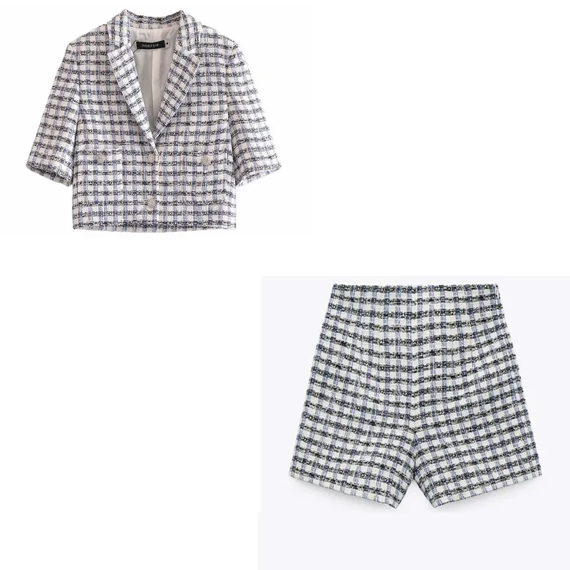 

Za Woman Summer Stripe Lattice Blazer Fashion Lapel Front Pocket Design Short Sleeve Office Elegant Coat Ladies Chic Blazer Suit