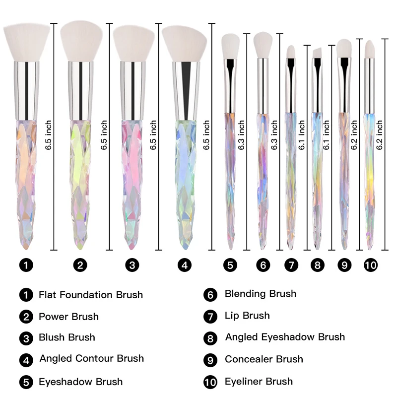

10 pcs/set Crystal Makeup Brush Set Foundation Facial Makeup Brush Lady Beauty Convenient Makeup Brush Tool