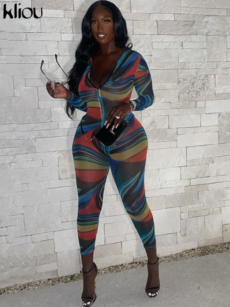 

Kliou великолепный сетчатый комбинезон для женщин хипстер просвечивающий принт Y2K клубный стиль комбинезон облегающий Облегающий комбинезон...