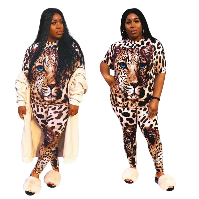 

Plus Size Women Clothing Two Piece Set 3xl 4xl 5xl Wholesale Dropshipping Leopard Print Tshirt Pants Sets Tracksuit Summer Short