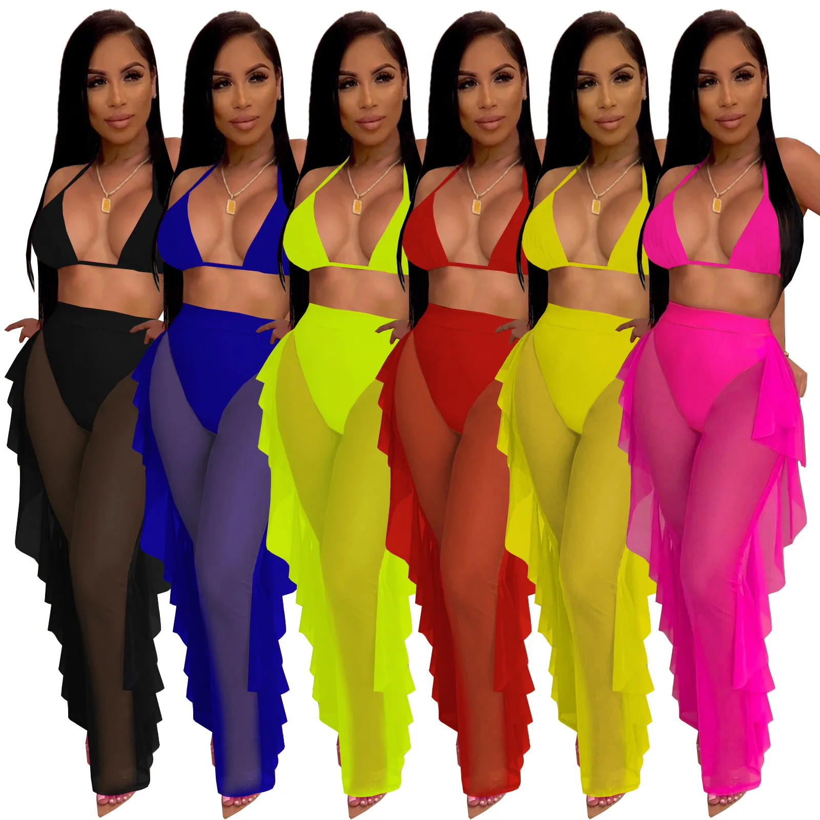 

Women Solid Summer Beach Two Piece Set Sexy Halter Backless Bra Top Ruffle Wide Leg Pants with Panties Swimsuit Fashion Holiday