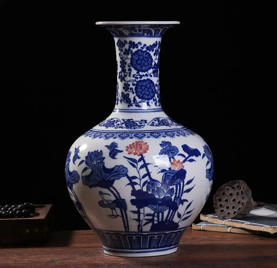 Керамическая ваза в китайском стиле сине белая фарфоровая антикварная для