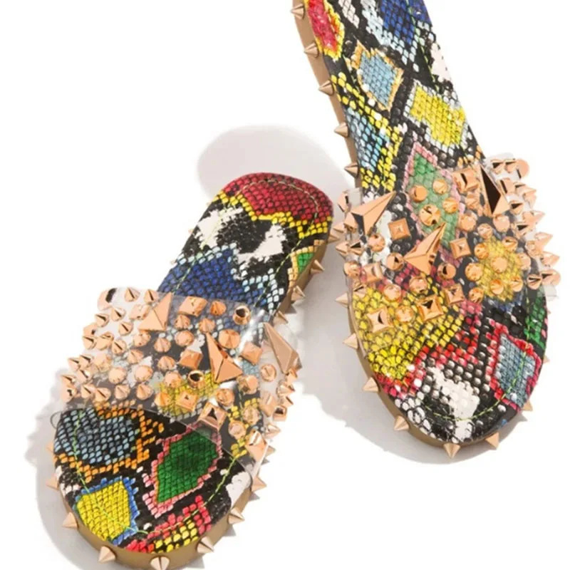 

Woman Rivet Slippers Crystal Snakeskin Transparent Summer Ladies Colorful Slides Fashion Women's Flip Flops Flat Plus Size Shoes
