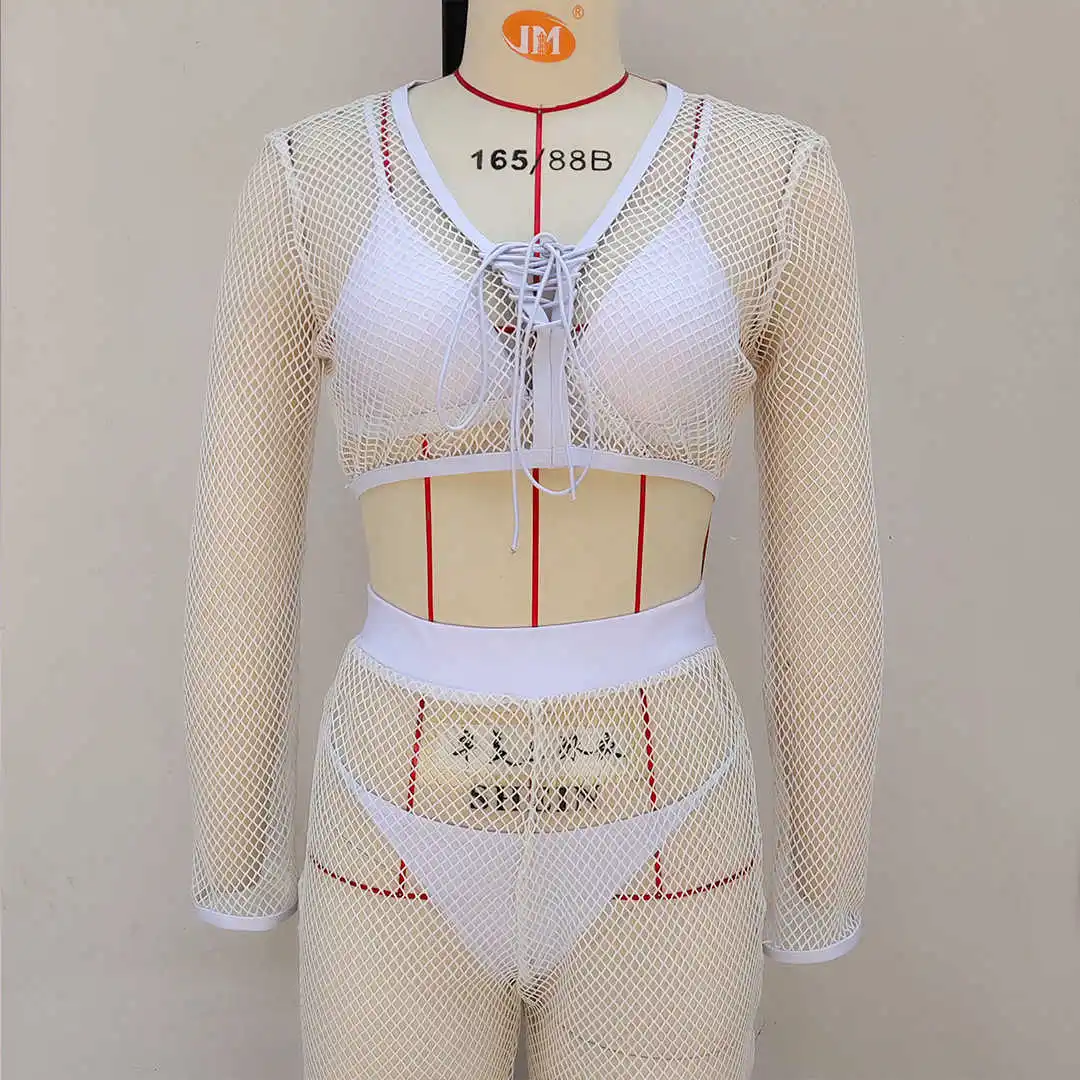 

4 Piece Swimsuit Women's Micro Bikini 2020 Beach Cover Up Fishnet See Through Mesh Crop Top Long Pants Brazilian Solid Swimwear