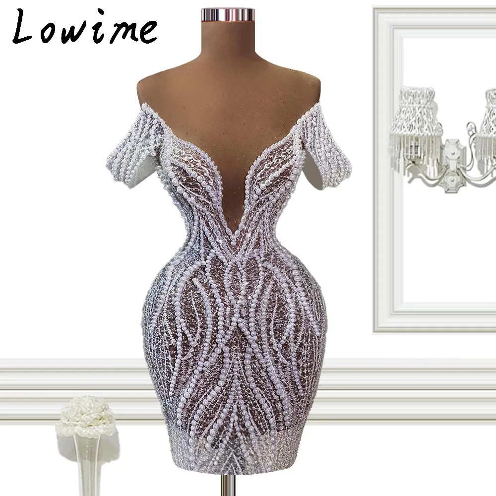 

Sparkly Off Shoulder Short Celebrity Dress Prom Dresses 2022 Pearls Black Girls Sexy Mini Cocktail Gown Beading Homecoming Dress
