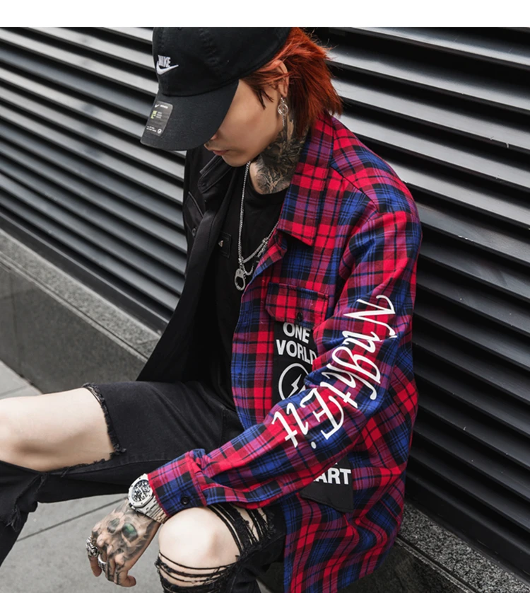 New Western Diablo Style Fashion Individuality Printed Plaid Patchwork Men's Long-Sleeved Shirts Hip Hop Autumn Streetwear Color