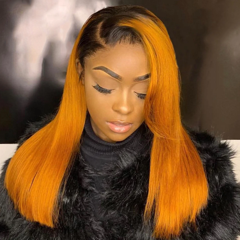 Розовый парик из человеческих волос бразильский Remy Bob на кружеве оранжевый