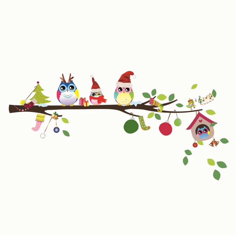 

Merry Christmas With Cute Owlet Wall Stickers For Kids Room Diy Festival Party Decor Animal Tree Home Decals Wall Art