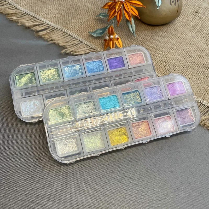 

12-color Pearlescent Watercolor Solid Dyes Floral Dyeing Gradient Fine Flashing Polarized Pigments Hand-painted Art Supplies