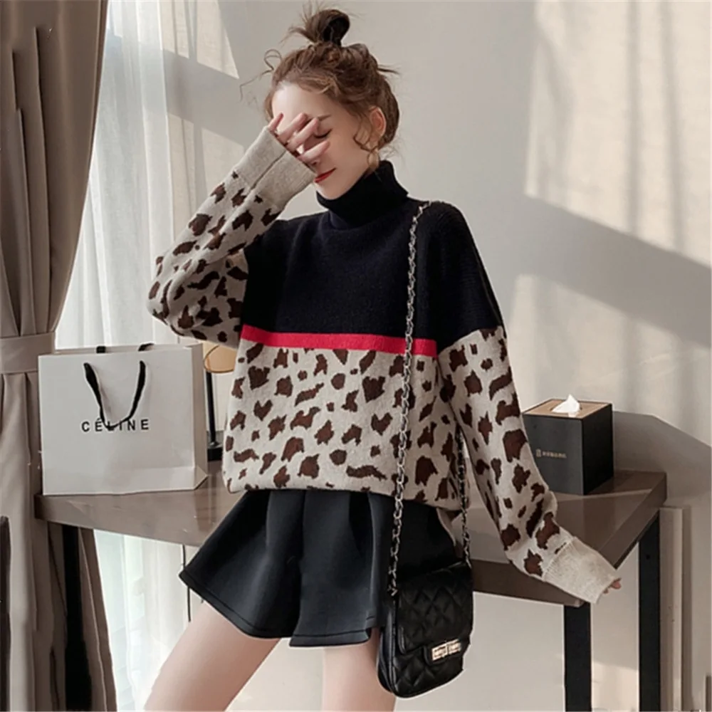 

Woman's High-necked Sweater Girl Thick Loose Outside Wearing Lazy Wind Ins Literary Retro Set Head Knit Sweater Autumn Winter