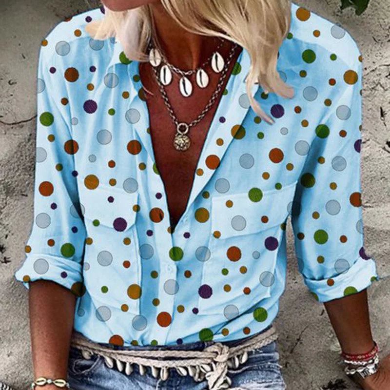 

Women Elegant Polka Dot Button Blouse Shirts Autumn Ladies Turn-Down Collar Boho Shirt Tops 2020 Casual Long Sleeve Button Blusa