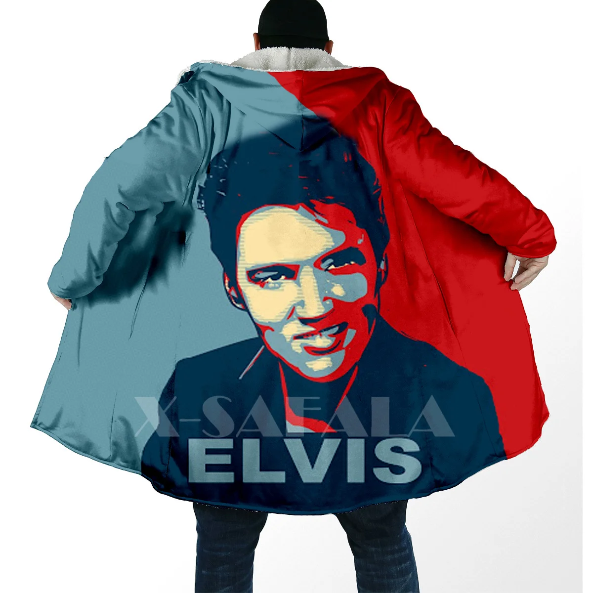 

Thick Warm Hooded Cloak for Men Elvis Super Star Singer Hiphop Overcoat Coat Print Windproof Fleece Cape Robe Hooded Blanket-5