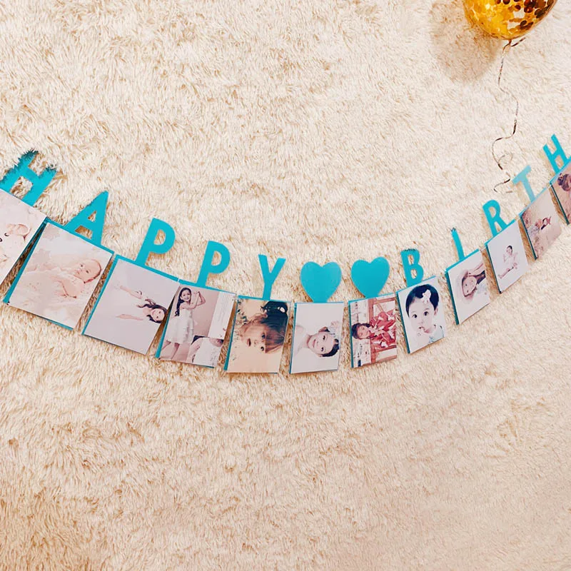 blue happy birthday 12 месяцы фоторамка баннер 1st Happy День рождения украшения во-первых для маленьких мальчиков и девочек мой 1 год поставки синего, розового и серебристого цвета - Цвет: blue happy birthday
