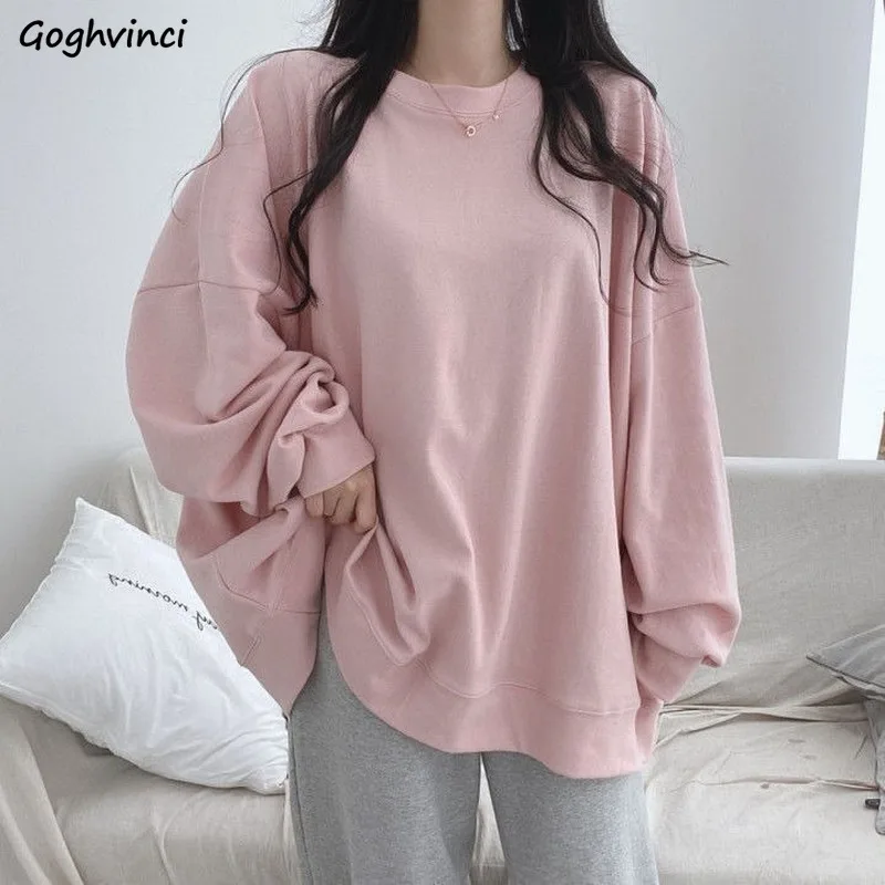 

Women No Hat Hoodies Sweatshirts Loose Solid Simple Korean Style Fashion O-neck Sweet Students Newe Trendy Streetwear All-match