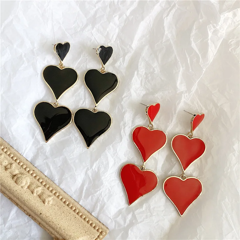 

Design personality exaggerated black oil dripping peach heart pendant earrings long love Earrings Earrings 925 silver needle